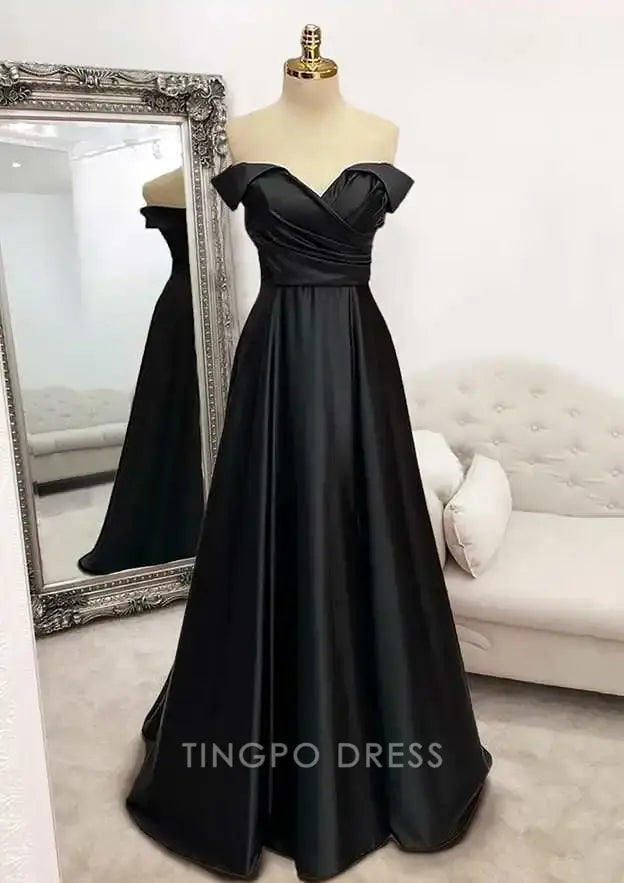 TingPo Wholesale Elegant A-line Off-the-Shoulder Sleeveless Long/Floor-Length Satin Prom Dress With Pleated